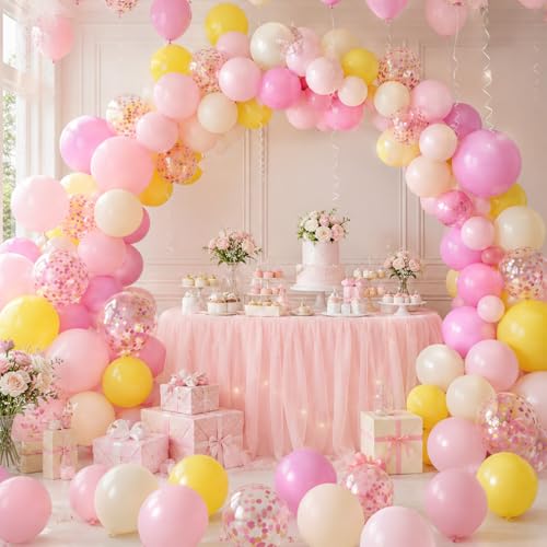 Image of Pink and Yellow Balloons, 60 Pcs 12 Inch Light Pink Hot Pink Yellow Ivory Balloons with Pink Gold Confetti for Birthday Baby Shower Graduation Decorations