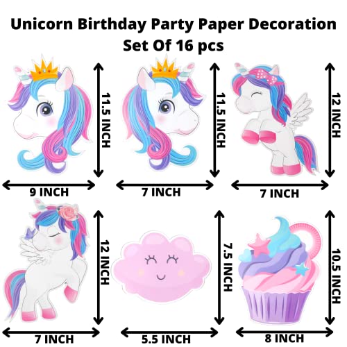 Image of Party Decorz Unicorn Theme Birthday Paper Decoration Set Of 16 pcs(1 pcs Happy Birthday Banner + 12 pcs Unicorn Paper Cutout + 2pcs Props + 1 pcs Cake Topper) For Unicorn,Rainbow Theme Birthday Party