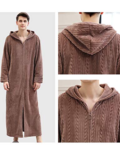 Letuwj Men's Fleece Hooded Full Length Robe Plush Collar Shawl Zipper Front Bathrobe2