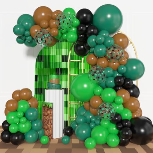 Amandir 153pcs Green and Brown Balloon Garland Arch Kit Different Sizes 18 12 10 5 inch Black Dark Green Latex Confetti Balloons for Video Game Jungle Safari Camo Birthday Army Party Decoration
