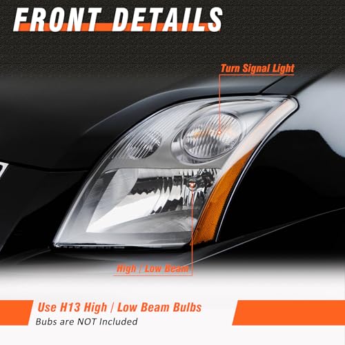 Image of Headlight Assembly for Nissan Sentra 2007 2008 2009 Headlight /Fit 2008 Sentra Sedan 4 Door Headlamp Chrome Housing Amber Reflector Replacement Left and Right Pairs(NO Bulbs)