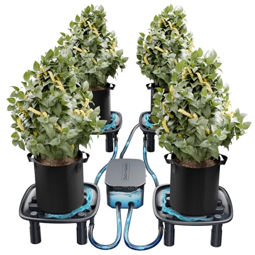 MARS HYDRO Auto Drainage System with Water Pump 4 Elevated Runoff Trays & 4-Pack 5 Gallon Grow Bags Plant Drainage Saucers for Indoor Plants Grow Tents