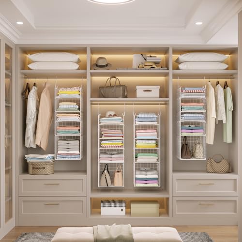 Image of X-cosrack Closet Hanging Organizer and Storage - 5 Tier Hanging Shelves, Wire Closet Shelf Organizer Basket with Adjustable Dividers for Home Clothing Sweaters Shoes Handbags