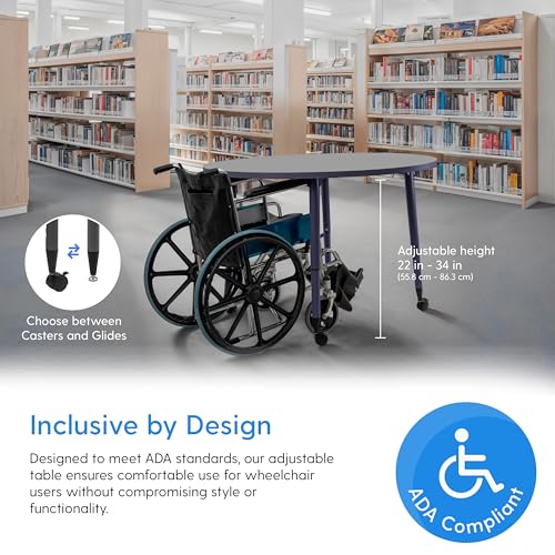 Image of Adapte Commercial Classroom Activity Table - 60 inch Round Woodgrain, ADA Compliant Tapered Legs with Glides & Casters, Adjustable Height 22-34 inch Wheelchair Accessible, School & Office Furniture