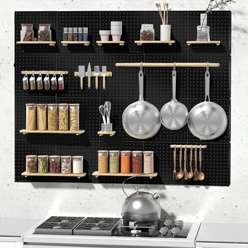 Peg Board, 6PCS Metal Pegboard, Heavy Duty Pegboard Wall Organizer with Frame. Black Pegboard for Walls, Garage, Workbench, Craft Room Tool Organization, Metal Pegboard Panels 12in*12in