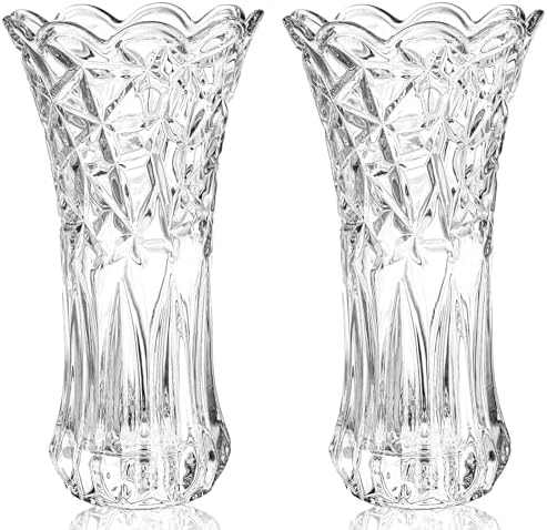 Dicunoy Set of 2 Glass Flower Vase, 9.5" Large Crystal Vase, Clear Flower Vases for Centerpieces, Modern Crystal Rose Vase, Heavy Duty Cylinder Flared Vase with Heavy Base for Home Office Decoration