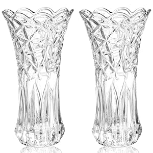 Dicunoy Set of 2 Glass Flower Vase, 9.5″ Large Crystal Vase, Clear Flower Vases for Centerpieces, Modern Crystal Rose Vase, Heavy Duty Cylinder Flared Vase with Heavy Base for Home Office Decoration