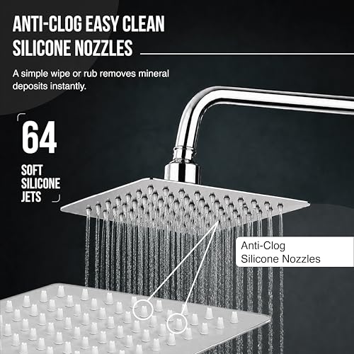 Image of Robustt 6x6 inch High Pressure Overhead Shower Head for Bathroom With 7.8 inch Shower arm | 360 Rotatable Neck | Anti-Rust Chrome Finish ABS Body | Anti-Clog Easy Clean Silicone Nozzles Bath Shower