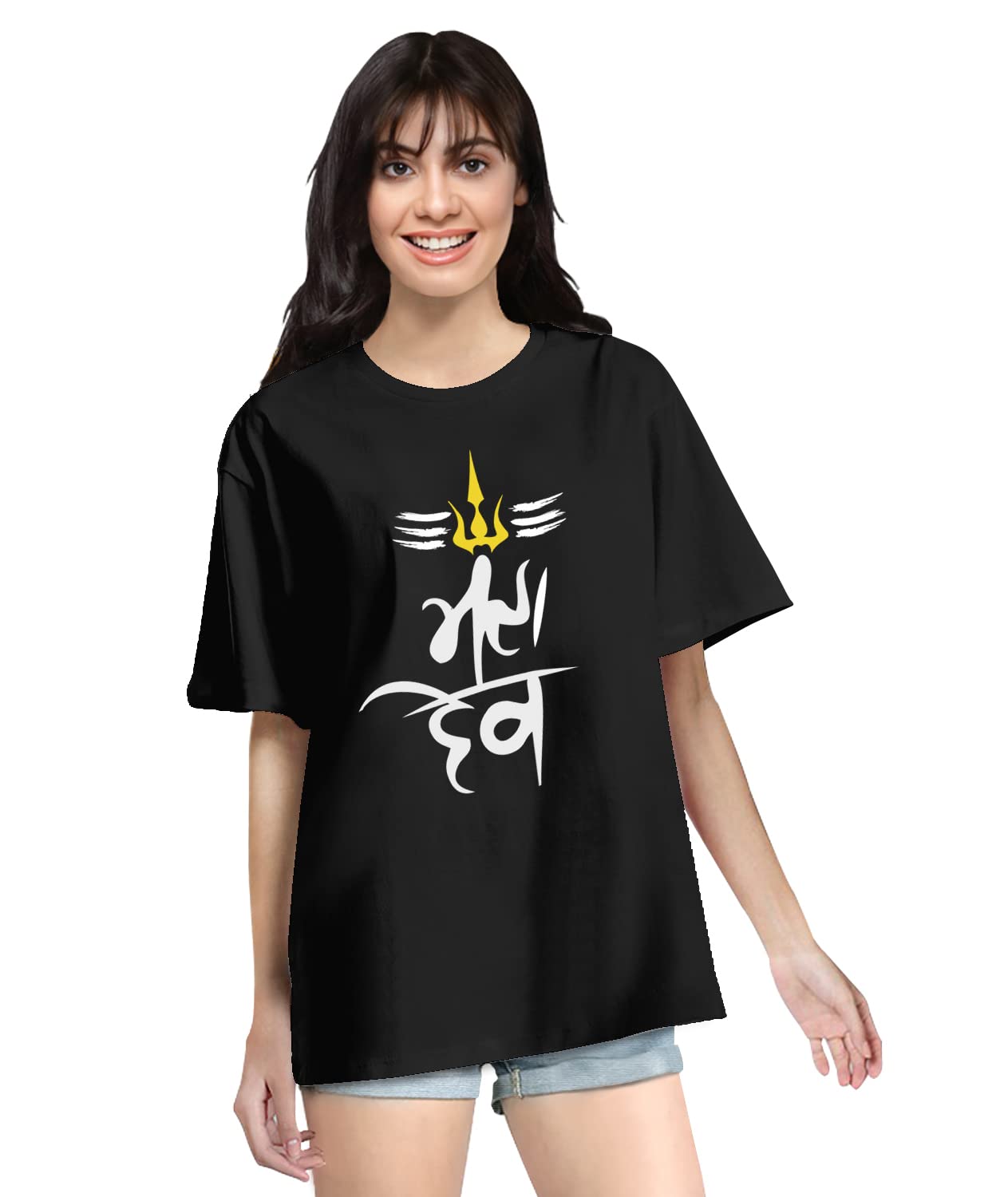 Women's Oversized Mahadev Text Graphic Printed Round Neck Multicolour T-Shirts. 100% Cotton, Loose Tshirt, Casual,Drop Shoulder, Pootlu, Graphic Printed T-Shirts-picture-27