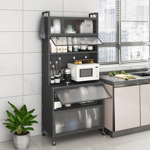 GIANTEX Aparador Buffet de Cocina 6 Niveles con Ruedas, Estantería de Microondas con Puertas Abatibles y Panel Perforado, 80x40x182cm, Mueble de Almacenamiento para Comedor, Salón (Gris)