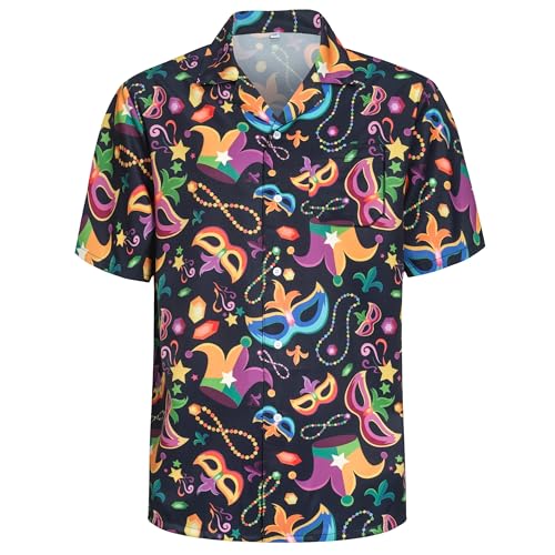 SightYoung Mardi Gras Shirts for Men Mardi Gras Hawaiian Shirts Carnival Mask Joker Hat Short Sleeve Shirt Black Purple XL