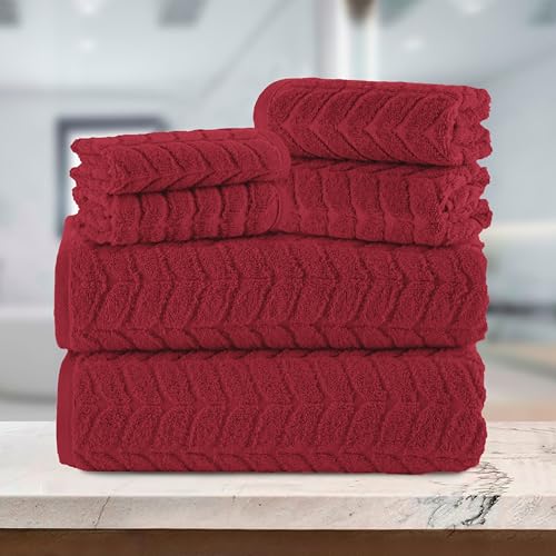 Image of Elegant Comfort Luxury 6-Piece 100% Turkish Cotton Jacquard Braided Textured Premium Hotel Quality Towel Set- Soft and Absorbent, Includes 2 Bath Towels, 2 Hand Towels and 2 Washcloths, Burgundy