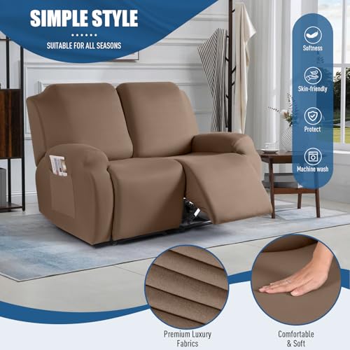 Image of TAOCOCO Recliner Loveseat Slipcover, 2 Pieces Polyester Fabric Stretch Sofa Covers for 2 Seat Reclining Couch, Soft Washable Furniture Protector with Pockets (2 Seat, Light Coffee)