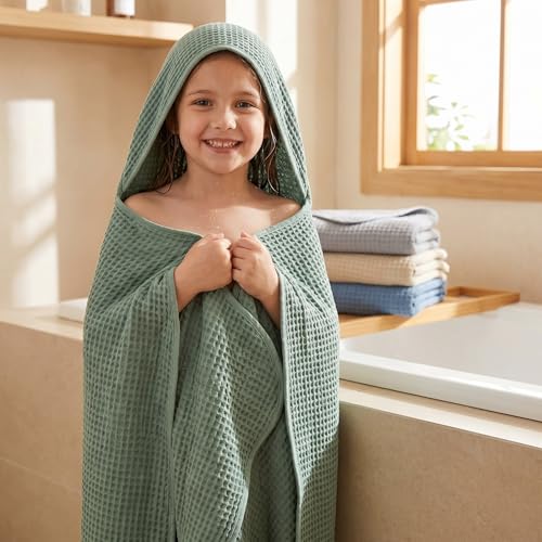 Image of Peryiter 4 Pcs Muslin Hooded Baby Towels, 32 inchx 32 inch Cotton Newborn Bath Towel Muslin Infant Baby Blankets Absorbent Unisex Newborn Registry Gift Essentials for Girls Boys (Green,Gray,Brown,Blue)