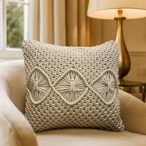 Image of Wakefit Designer Cushion Cover | 16x16 inch| Boho Macrame | Cotton Fabric on Front & Back | Dimond | Pack of 1 | Off White