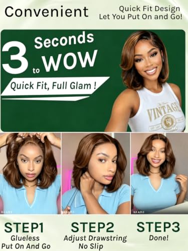 Image of KLAIYI Bye Bye Slip Ombre Brown Layered Bob Straight Wig Human Hair Glueless Side Part Pre Cut 7x5 Lace Front Pre Plucked Bleached Knots Drawstring 30S Ready to Wear and Go Wig with Dark Roots 10Inch