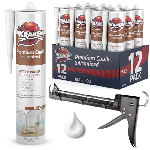 Image of Kraken Bond Acrylic Latex Caulk White - (12x10.1 fl. oz.) Paintable Interior and Exterior Window White Calking for Baseboard, Trim, Kitchen and Bathroom - Waterproof, Odorless - Gun Included - 12 Pack