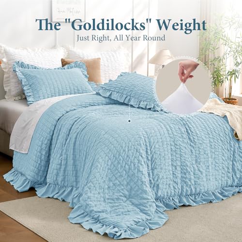 Image of JOLLYVOGUE Light Blue King Size Comforter Set, 3 Pieces Seersucker Comforter King Size, Lightweight & Fluffy Bedding Sets for All Season with 1 Ruffle Comforter and 2 Ruffle Pillowshams