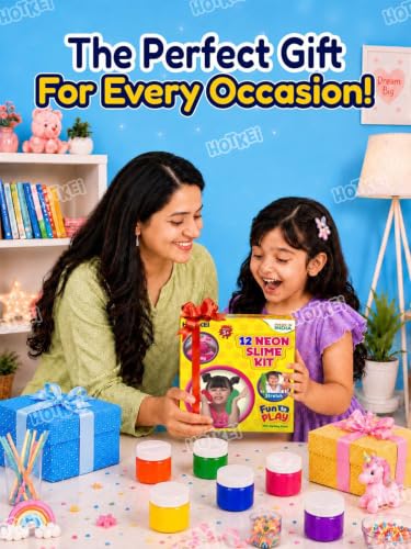Image of HOTKEI (12 Neon Slime kit) DIY Neon Colored Fruit Scented Slimy Gel Jelly Set Kit Air Dry Magical Crystal Clay Putty Toy Kit for Girls Boys Kids Slime with Glitter| Stars | Color Beads Set