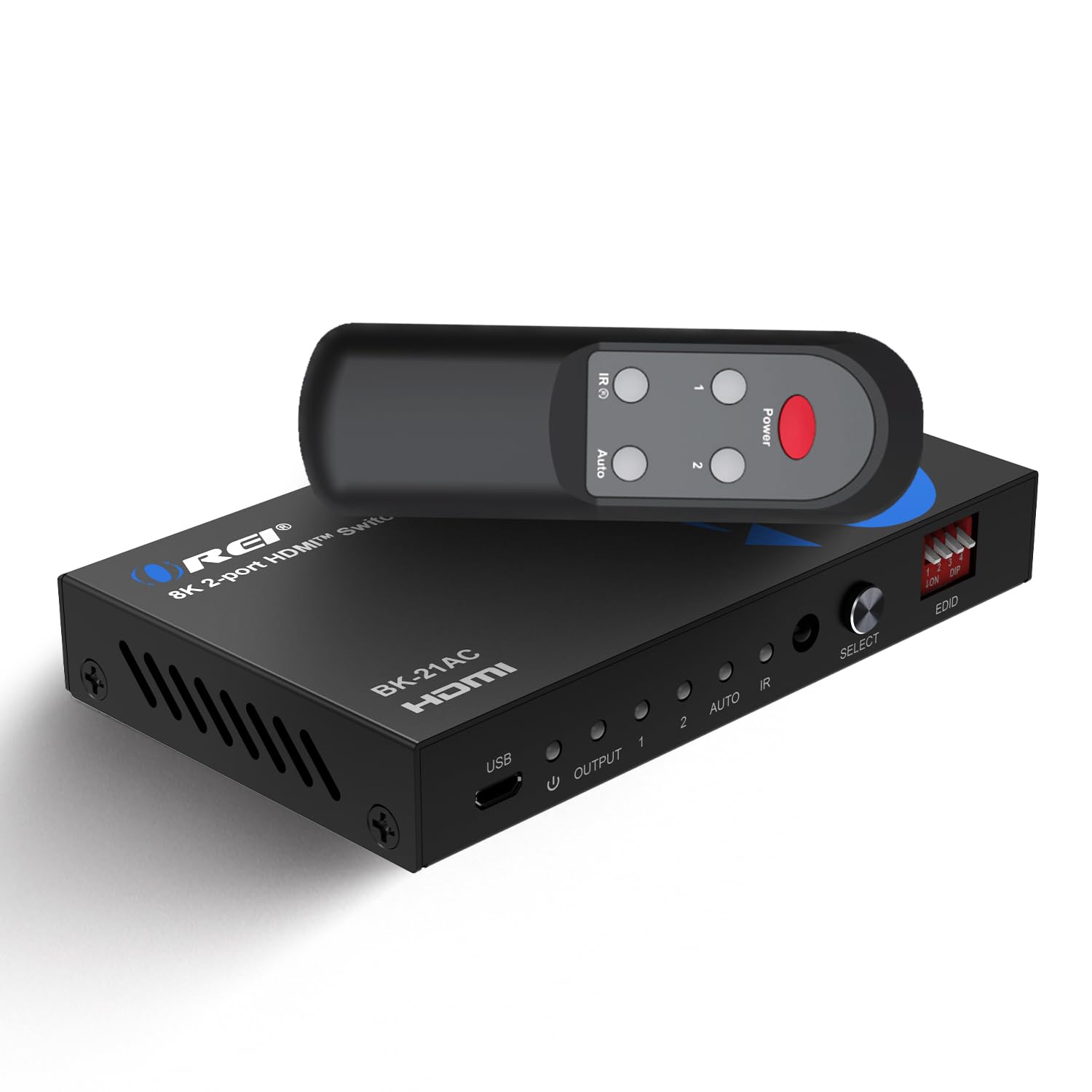 OREI 8K 2×1 HDMI 2.1 Switch – 8K@60 Hz/4K@120 Hz HDR10+/Dolby Vision Pass‑Through, HDCP 2.3, Optical & RCA L/R Audio Extractor, IR Remote, Metal