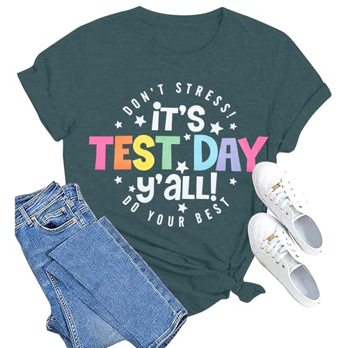 MOUSYA Teacher Shirts Women Testing Shirts for Teachers Funny Test Day Graphic Tee School Teach Casual Short Sleeve Tops Green