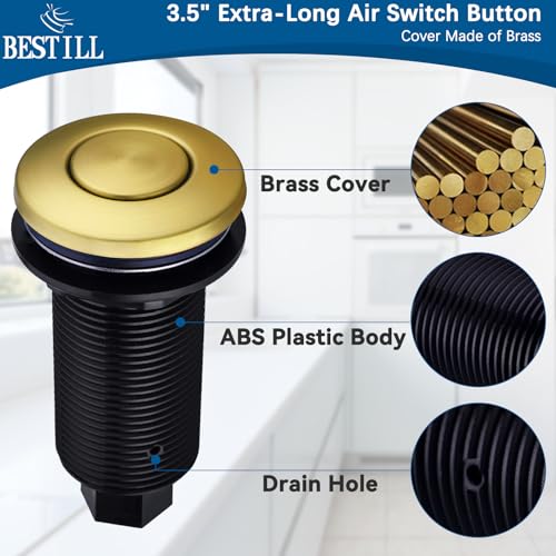 Image of BESTILL Garbage Disposal Button Brushed Brass, UL Listed Sink Top Air Switch Kit for Waste Disposer, 3.6 inch Long Push Button with Brass Cover, Compatible with all Garbage Disposals