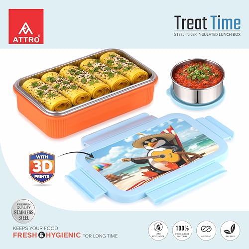 Image of ATTRO Treat Time Stainless Steel Insulated Lunch Box with Inner Steel Body, Airtight 4-Side Lock Lid, Leakproof Silicone Seal, Small Container-560ml+150ml-Relax Bear Blue Orange