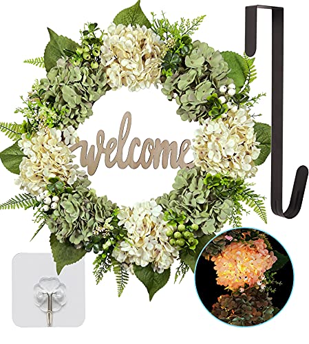 Sipull Hydrangea Wreath with Lights Front Door Wreaths 18.5 Inches Spring Summer Wreath Farmhouse Wreath Outdoor Wreath Spring Front Door Decoration Welcome Wreath (Green White, Welcome)