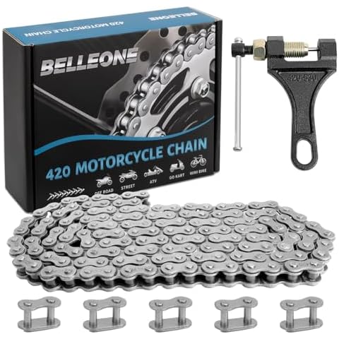 Belleone 420 Roller Chain 140 Links with 5 Free Connecting Links and Chain Breaker, Drive Chain Compatible with 50cc 70cc 90cc, for Mini Bike, Go-Kart, Scooter, Motorcycle, ATV and Other Machinery Cover