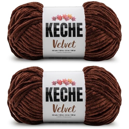 Image of Keche Velvet Yarn for Crocheting, Soft Chenille Bulky Baby Blanket Amigurumi Yarn 2x100 gr (2x132 yds) (2 Skeins) Brown