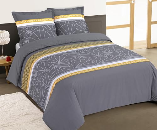 Vision - Parure de lit Goldie - 100% Coton - Gris - Set de Housse de Couette 240x220 cm avec 2 taies d'oreiller pour lit Standard 2 Personnes - Fibres...