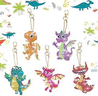 Abeillo 5 Pack DIY Diamond Painting Keychains 5D Diamond Art Keyrings Cute Dinosaur Diamond Key Chains Handmade Mosaic Painting Keychains DIY Kits for Kids, Adult and Beginners (Dinosaur)