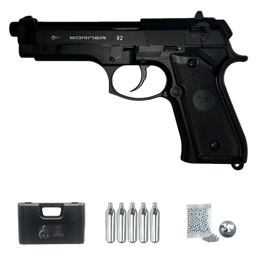 Borner 92 Blowback CO2 (4,5 mm)| Pistola de Aire comprimido Calibre 4,5mm + 5CO2 + 500 Bolas BB´s + maletín. Pistola con blowback.