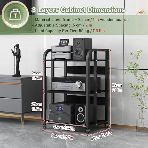 MZZKFC Stereo Racks and Stands On Wheels, Living Room Audio Video Equipment Rack Height Adjustable, Heavy Duty 2 3 5 4-Tier Media Component Cabinet for Home Theater(Size:3 Tier-H 79cm/31in)