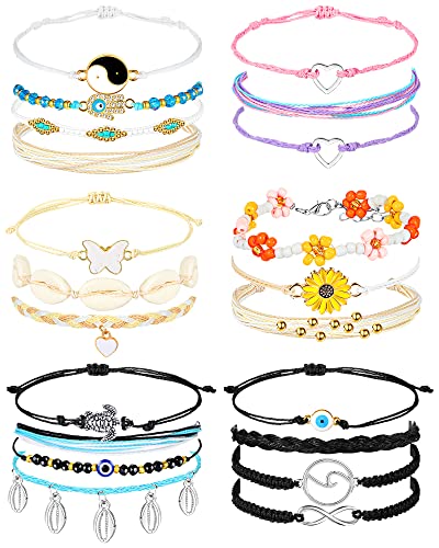Image of Hicarer 21 PC Surfer Wave Friendship Bracelet Set Waterproof Adjustable Boho Beach String Anklets Bulk, Summer Gift for Women
