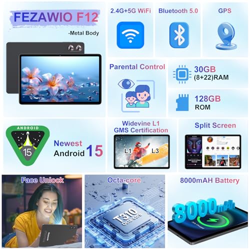 Image of Android 15 Tablet 30GB+128GB+1TB Expand, 2026 10.1 Inch Octa-Core 8000mAh Electronics Tablets with Keyboard Mouse, Gemini AI, 5G WiFi, 1280x800 IPS Touchscreen, GPS, BT5.0, Widevine L1 -Metal Black