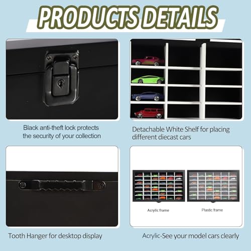 Image of Diecast Model Car Display Case 1 /64 Scale Toy Cars Organizer Storage Cabinet Wall Mount with Acrylic Glass Door & Removable Shelf - Holds Up to 42 Cars, Large-Black