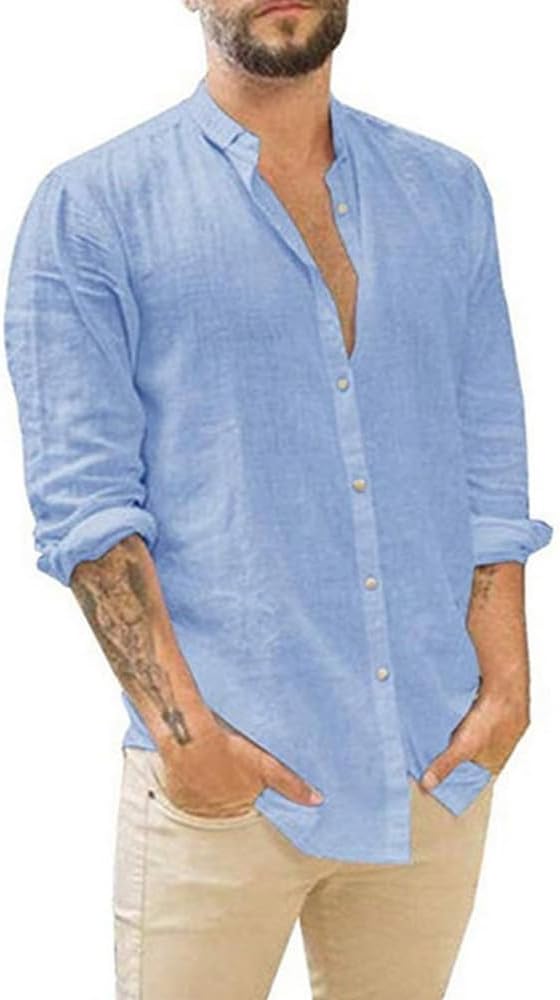 MARSVOVO Linen Shirt Men Big and Tall Loose Lapel Collar Men's T Shirt Tee Top Long Sleeve Solid Button Shirts for Men