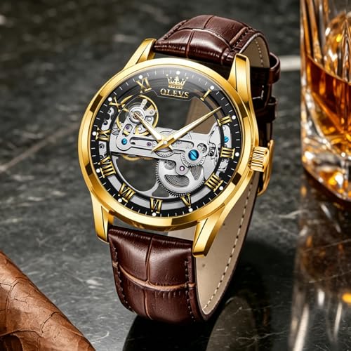 Image of OLEVS Skeleton Watches for Men Automatic Self Winding Mechanical Luxury Dress Leather Waterproof Luminous Men Wrist Watch