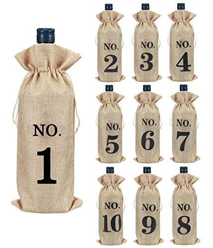 Hodeacc 10 bolsas de botella de vino numeradas de yute con cuerda, bolsas de vino, protectores reutilizables para botellas de vino tinto para...