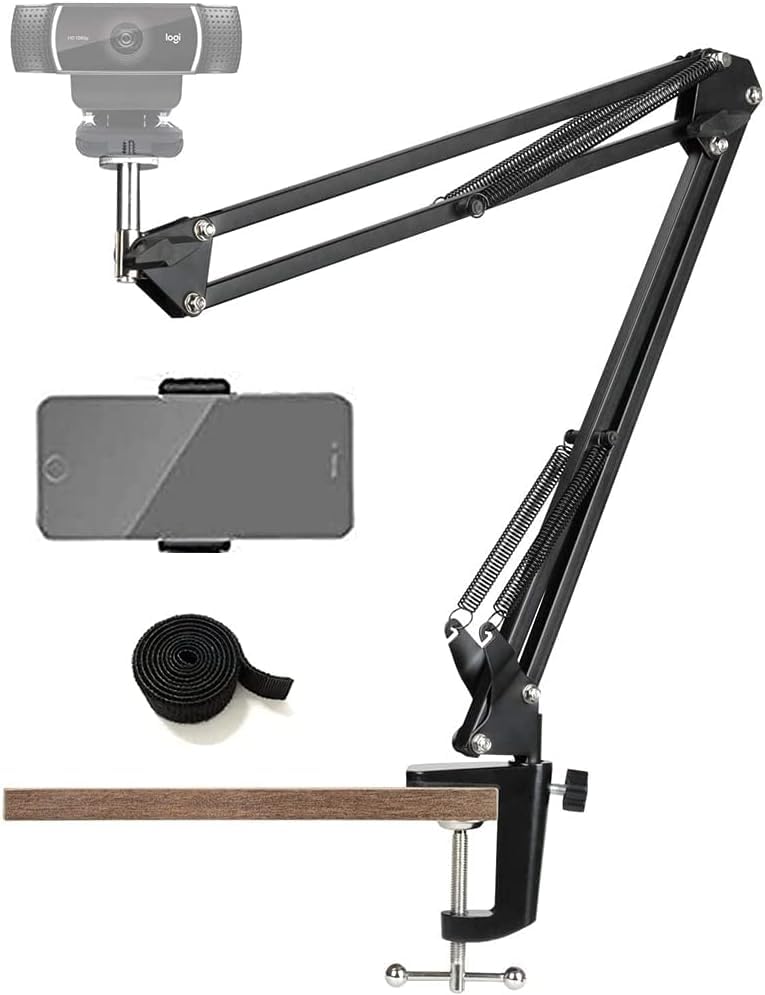 Tentucro Webcam Stand Phone Holder Suspension Scissor Arm Camera Mount Phone Tripod Holder for Cellphones, Logitech Webcam C920 C930 C922 C615 and Other Devices with 1/4" Threaded