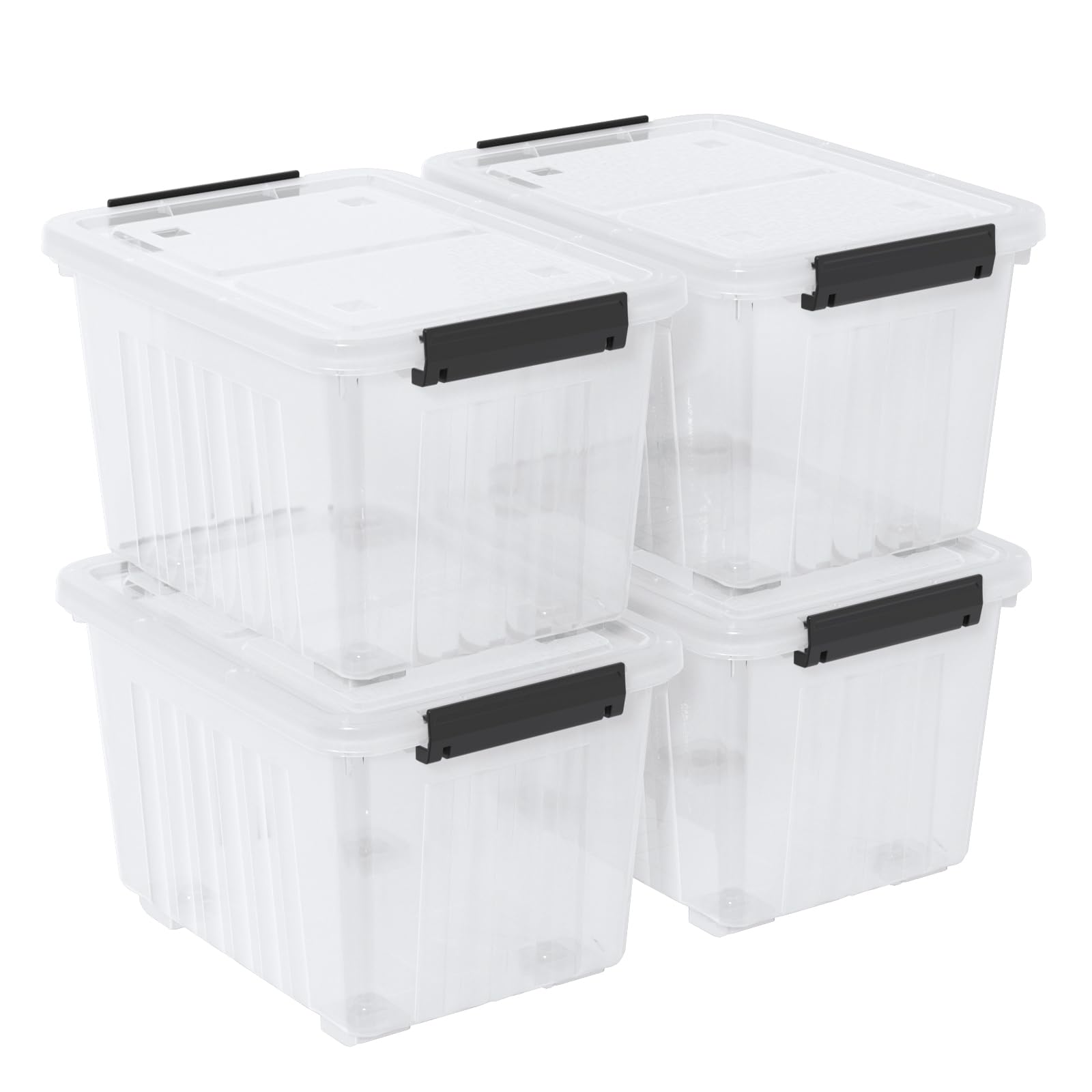 Contenedor de almacenamiento apilable de plástico transparente de 30 cuartos con tapa, paquete de 4 cajas de cierre de plástico con ruedas