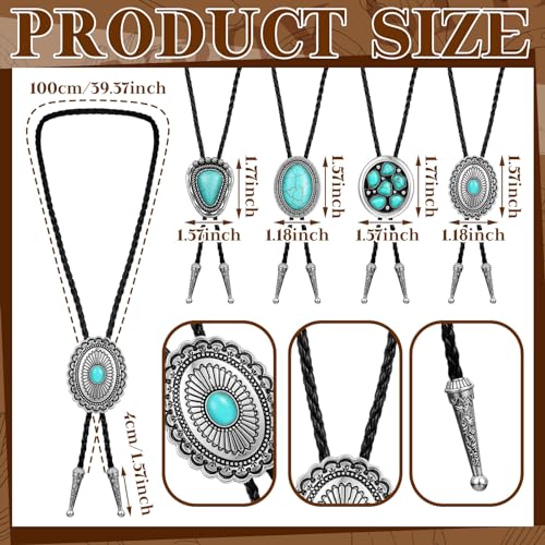 Image of Lyrow Bolo Ties for Men Women Native Western Cowboy Bola Tie Turquoise Stone Faux Leather Necktie Tie for Costume Accessories