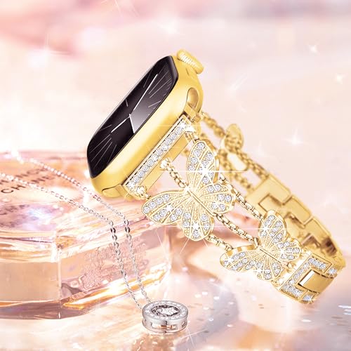 Image of Butterfly Band for Apple Watch Bands 40mm 41mm 42mm for Women Gold | 42mm(S11 /10) 38mm iWatch SE Series 11 10 9 8 7 6 5 4 3, Slim Thin Metal Fancy Bling Dressy Strap for Apple Watch Band-Gold