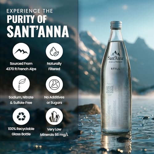 Image of Sant'Anna Still Mineral Water, 25.4 Fl Oz (6-Pack) | Pure French Pyrenees Mountain-Fresh Drinking Water | Natural Functional Drink | Sodium-Free Mineral in Glass Bottles