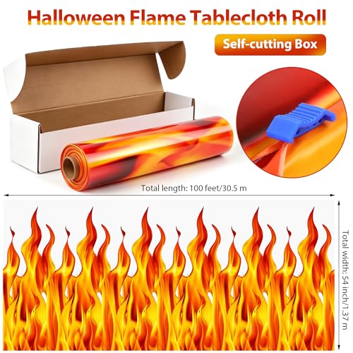 Image of Kochorie 100 Ft x 54 Inch Halloween Flame Party Tablecloth Roll with Cutter Box Waterproof Plastic Fake Fire Table Cover for Halloween Campfire Party Supplies Decorations