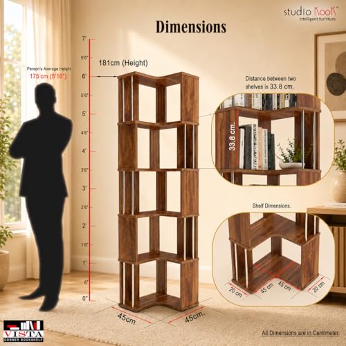 Image of Studio Kook Vista Engineered Wood Corner Bookshelf | Bookcase (Matte Finish) (Amber Walnut)