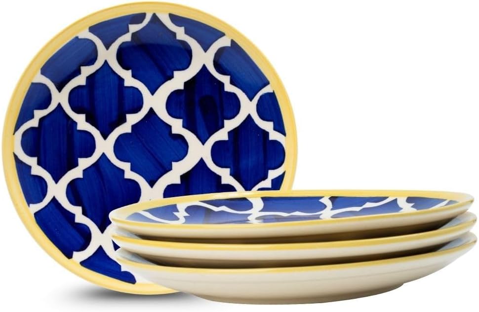 Menora Moroccan Print Ceramic Plates Microwave & Dishwasher Safe Dinner Serving Plates for Dessert for Daily Use & Gifting (Blue - Pack of 4, NBD_CR_Plate_A (20.5CM))