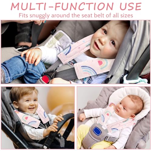 Image of Carseat Strap Covers for Babies, Soft Seatbelt Covers for Kids, Reversible Baby Car Seat Strap Covers, Size: 6.5 x 6.5 inch, for Baby Car Seat, Stroller, Swing, High Chair, Rainbow