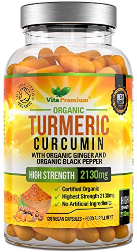 Organic Turmeric Curcumin 2130mg with Ginger and Black Pepper  High Strength Supplement  120 Vegan Capsules  Soil Association Certified